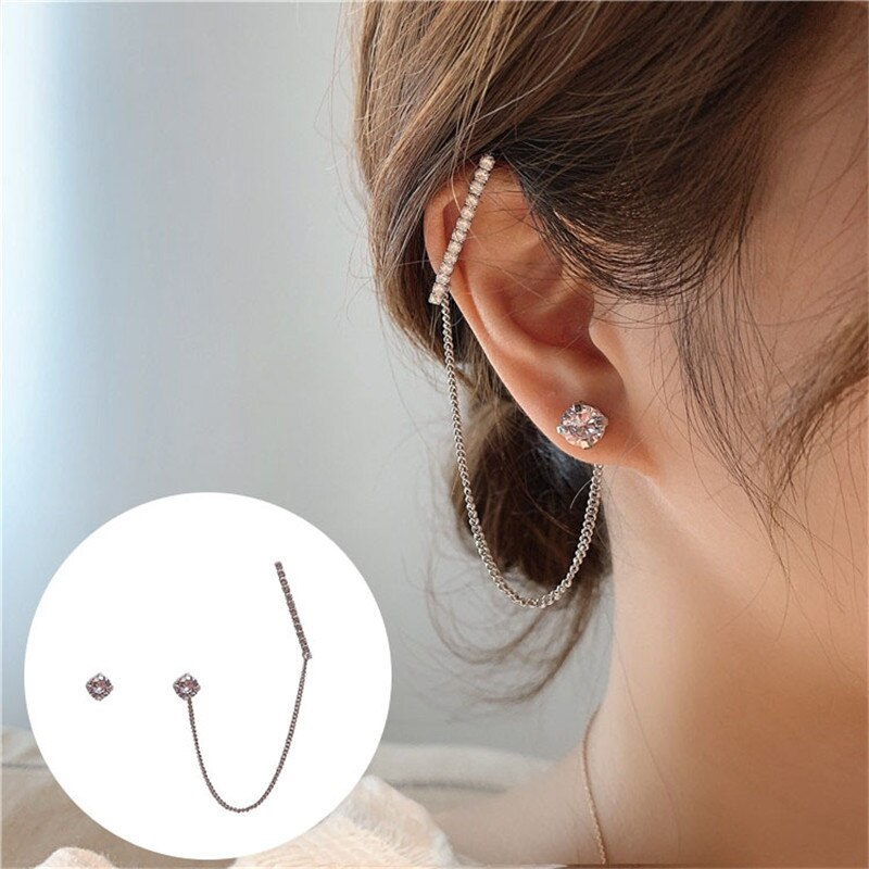 Asymmetrische Lange Kwast Ketting Manchet Oorbellen Voor Vrouwen Meisjes Vlinder Oor Botten Clip Oorhaak Oorbellen Sieraden Party: 1  (2pcs)
