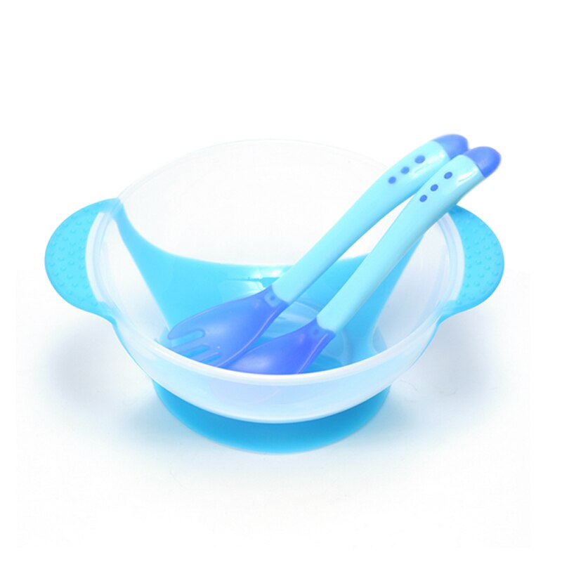 Baby Bowl Training Bowl With Temperature-sensitive Spoon Set Learning Dishes With Suction Cup Children Training Feeding Platos: Blue Dishes