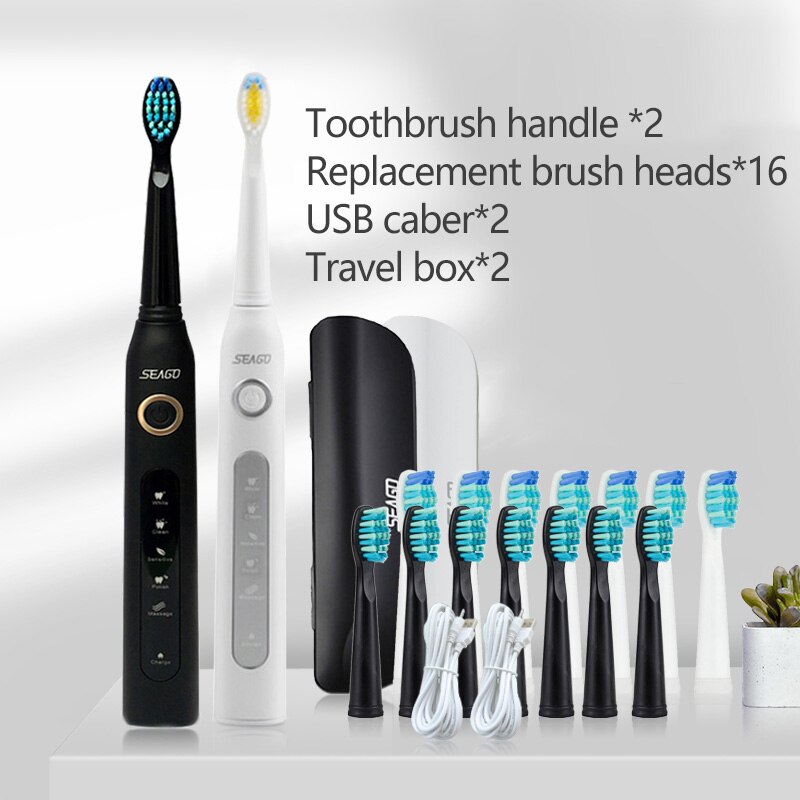 SEAGO Sonic Electric Toothbrush Adults Timer 5 Modes USB Rechargeable Tooth Brush Replacement Brush Head Nozzles Box SG-507: whiteblack5head1box