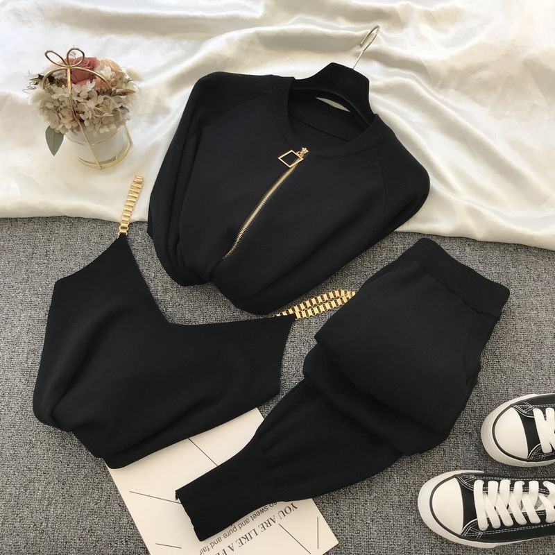Amolapha Women Autumn Winter Knitted Vest Zipper Cardigans Pants 3pcs Sets Tracksuits Outfits