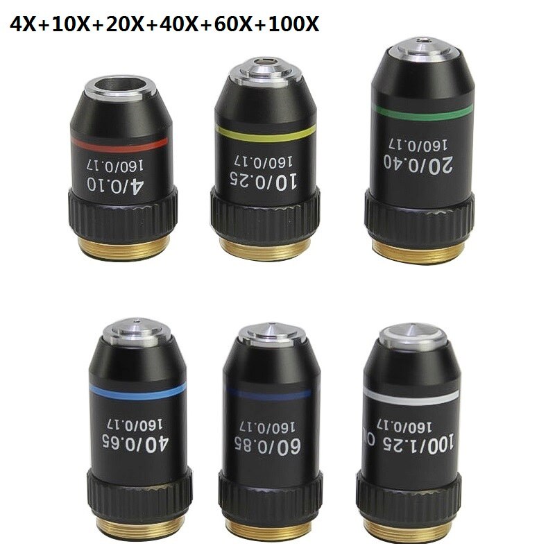 195 Achromatic Objective Lens 4X 10X 20X 40X 60X 100X f/ Biological Microscope Lens Coating RMS 20.2mm Standard Thread Interface