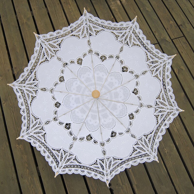 Parasol bomuldsbroderi brude paraply hvid elfenben battenburg blonder parasol paraply bryllup paraply dekorationer