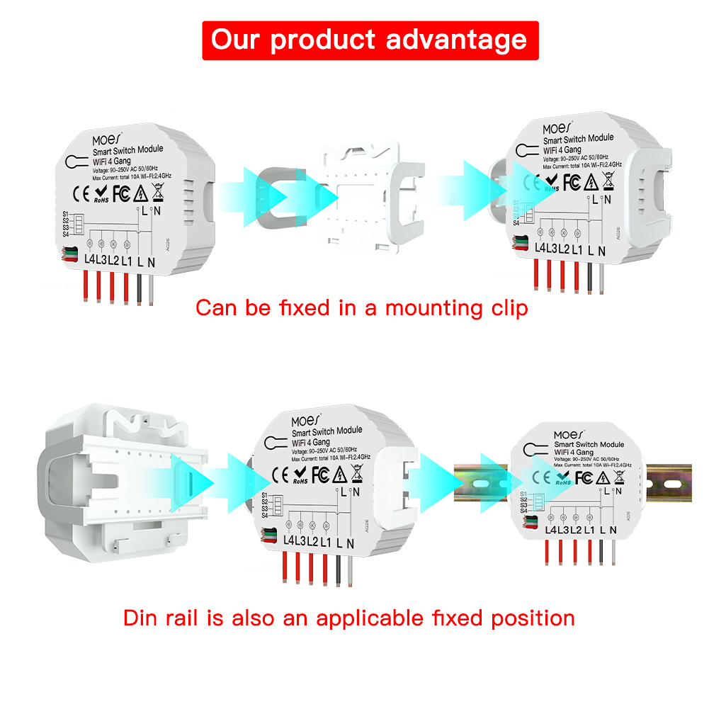 4 Gang Wi-Fi Switch Module Light Switch Voice APP Remote Control Share Function DIY Breaker Module 2 Way Feature (AC 90-250V)