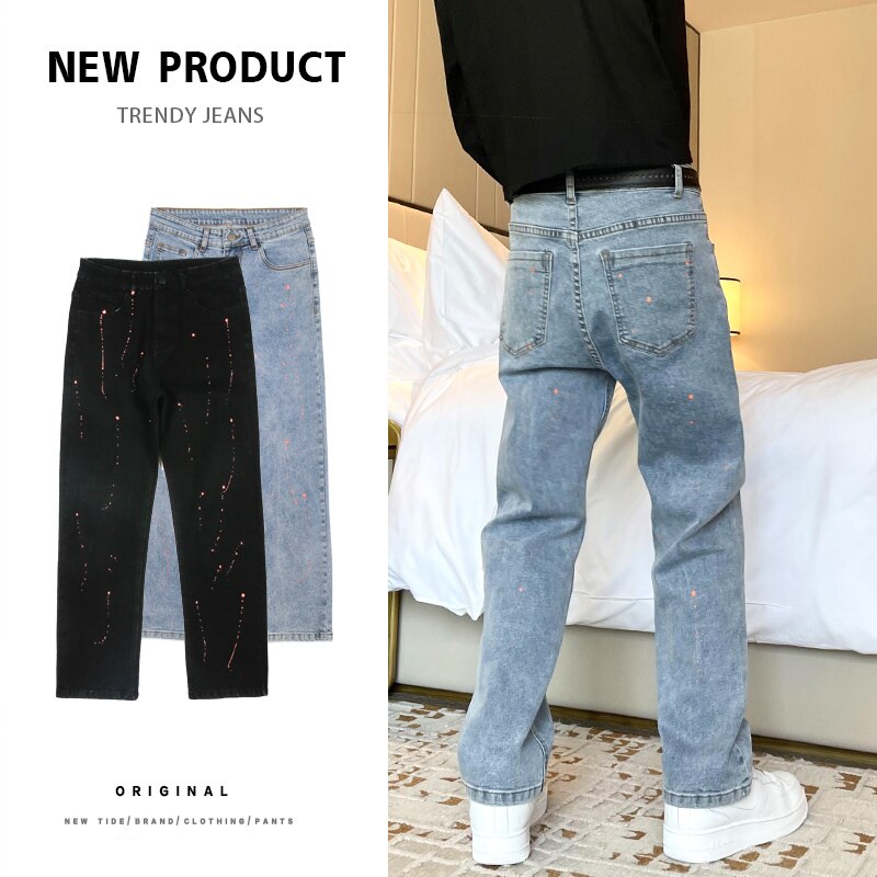 Splash Ink Blue/Black Jeans Men Stretch Casual Baggy Jeans Men Streetwear Loose Hip Hop Straight Denim Pants Mens M-3XL