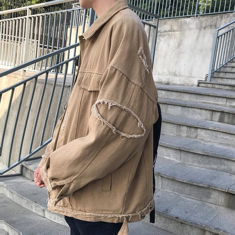 Herfst gescheurde spijkerjas heren casual retro gescheurde spijkerjassen heren streetwear losse hiphop bomberjack heren m -2xl