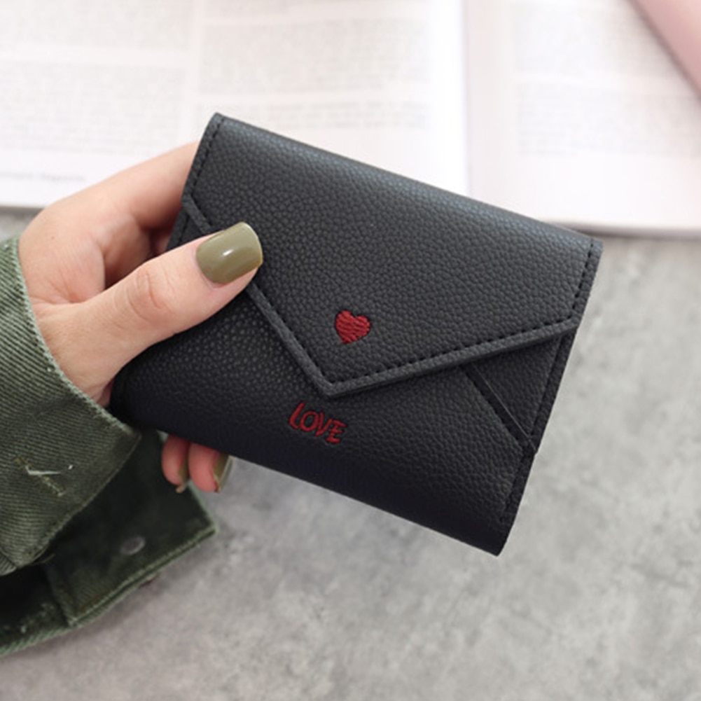 Heart Pattern Portable Mini PU Leather Multifunctional Small Embroidery Coin Pocket Three Fold Card Slots Women Wallet