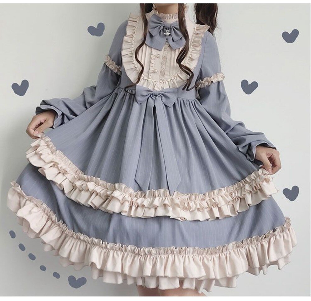 Kawaii Soft Sister Lolita Dress CoCoa Milkshake Daily Party Girl OP Victorian Princess Dress Gothic Loli Dress Vestidos AFC617: Grey Blue