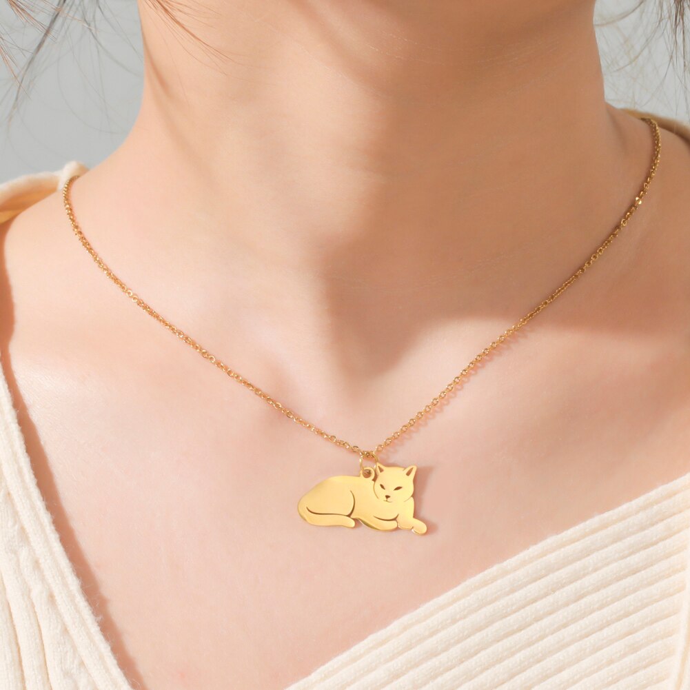 Skyrim – collier avec pendentif chat pour femmes et filles, chaîne dorée, en acier inoxydable, bijou à la , pour le cou, chaton, Animal,
