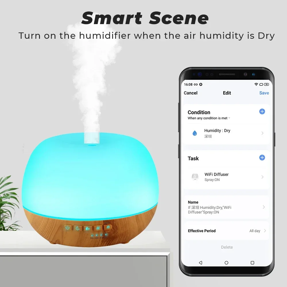 Humidificateur d'air intelligent de diffuseur d'huile essentielle d'aromathérapie de WiFi 500ml, connecte à Tuya, Alexa et Google Home avec 7 couleurs de LED