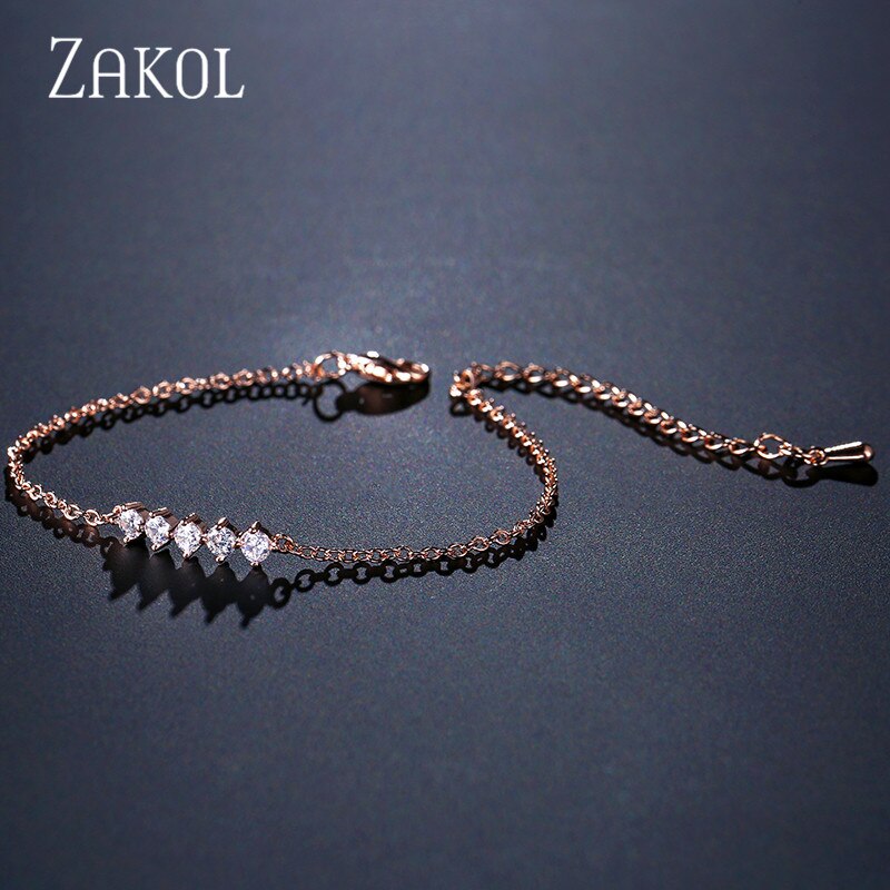 ZAKOL Round Micro Mosaic Cubic Zirconia Rose Gold Color Tennis Bracelet Jewelry Crystal FSBP2043