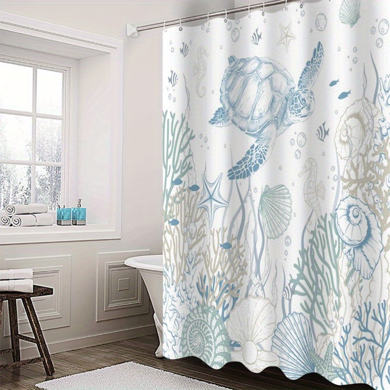 1 cortina de ducha de tortuga de verano, decoración de baño del mundo submarino con tema costero, poliéster, con patrón de tortuga y coral