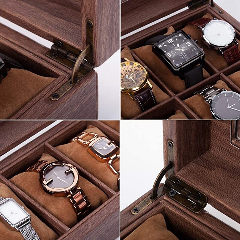 Horloges Opslag/Horloge Case/Horloge Doos Gemaakt Van Pu Leer In Houtnerf En Echte Gl Met 6 grids Voor 6 Horloges