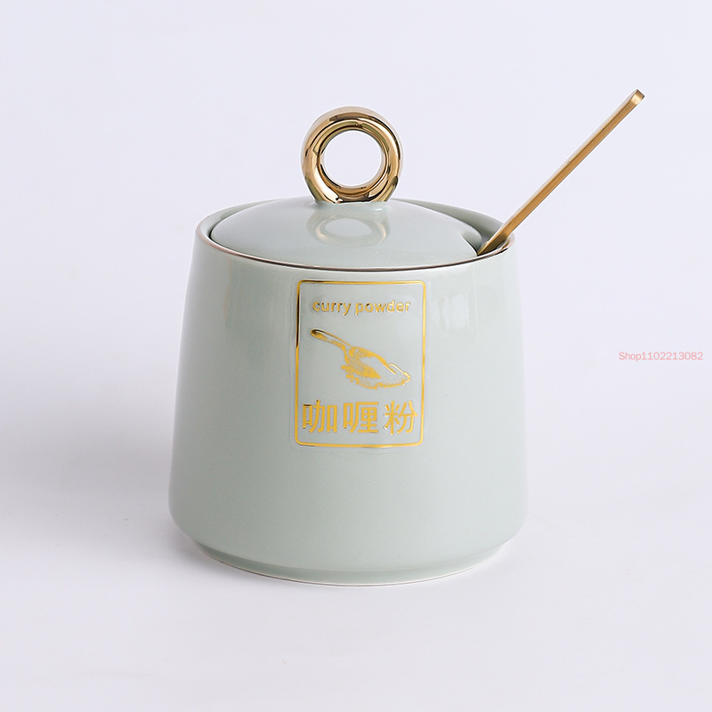 Gold-plated Ceramic Seasoning Jar with Lid Spoon Household Sugar Bowl Chili Box Kitchen Food Container Spice Organizer Rack: Ivory
