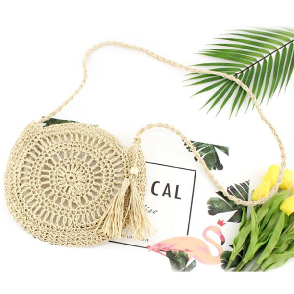Gusure Rotan Hollow Geweven Ronde Vrouwen Stro Crossbody Tas Gebreide Zomer Strand Kwastje Handtas Vrouwelijke Kleine Schouder Tas: Beige