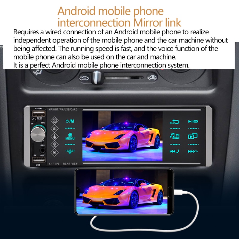 1 Din 4 Inch Car Radio Bluetooth 1080P Wince SD FM Android MP5 HD Smart Voice Sapacitive Screen 2USB Colorful Lights Mirrorlink