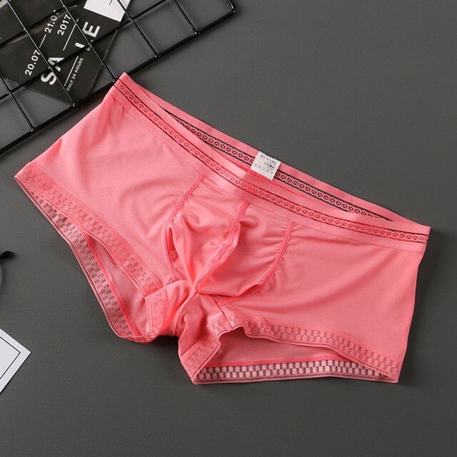 Men&#39;s Sexy Underwear Ice Silk Brief Pantie Low Waist Men Lingerie see through Pant Underpants Tangas Intimate man bottom shorts: Pink flat angle / XL