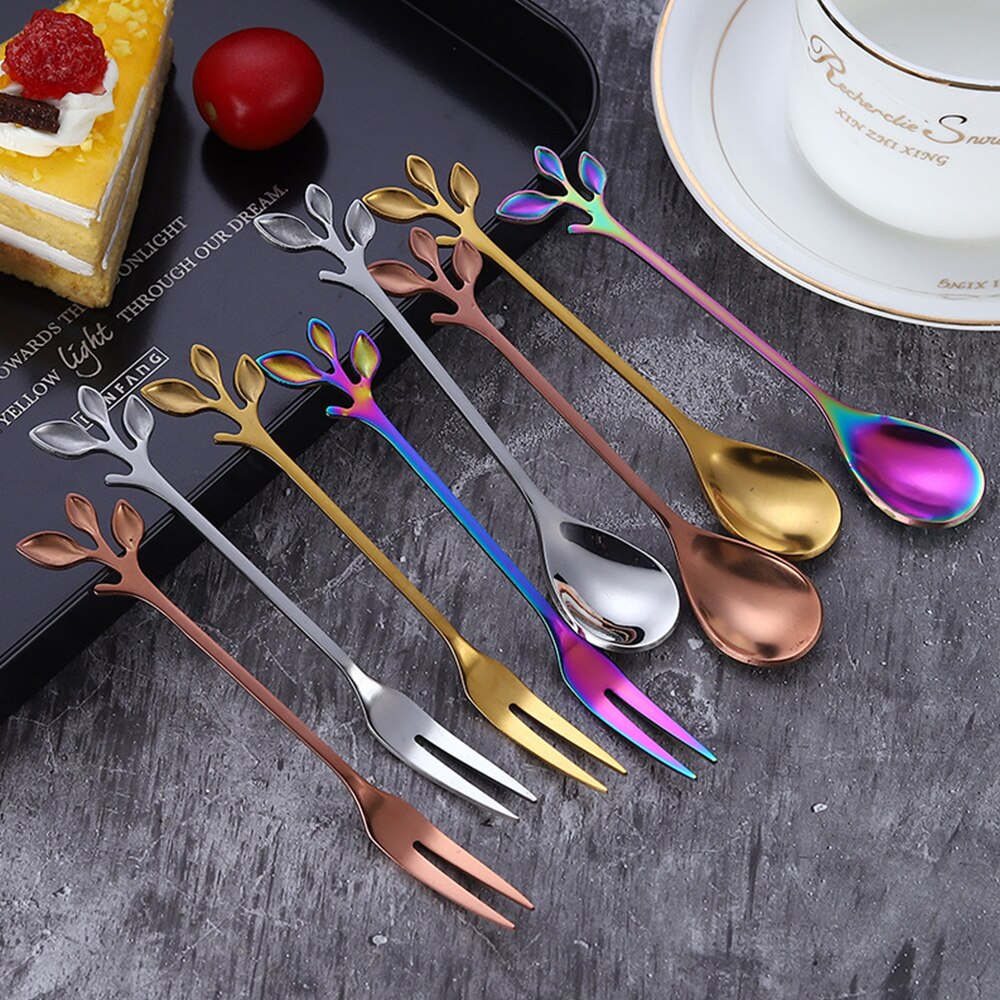 Coffee Stirring Spoon Stainless Steel Branch Leaves Handle Teaspoon Dessert Scoop Fork Kitchen Tableware Christmas