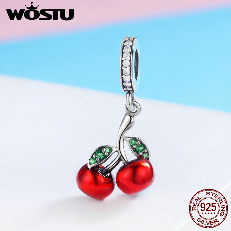 WOSTU Real 925 Sterling Silver Red Cherry Pendant Charms fit Original Women Bracelet Necklace 925 Jewelry CQC784