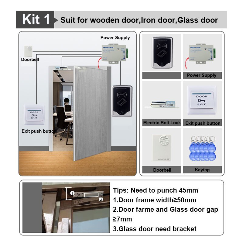 1000 Users Swipe Card Without Keyboard To Access RFID 125KHZ ID Card Reader Electronic Door Lock DC12V Control System Package: KIt 1