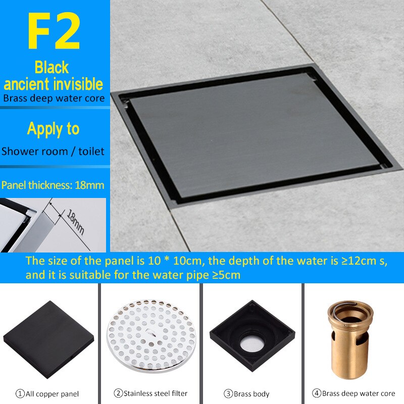 Dreno de assoalho inoxidável, dreno de assoalho quadrado de aço inoxidável para drenagem de piso, canal de drenagem para cozinha do banheiro: F2