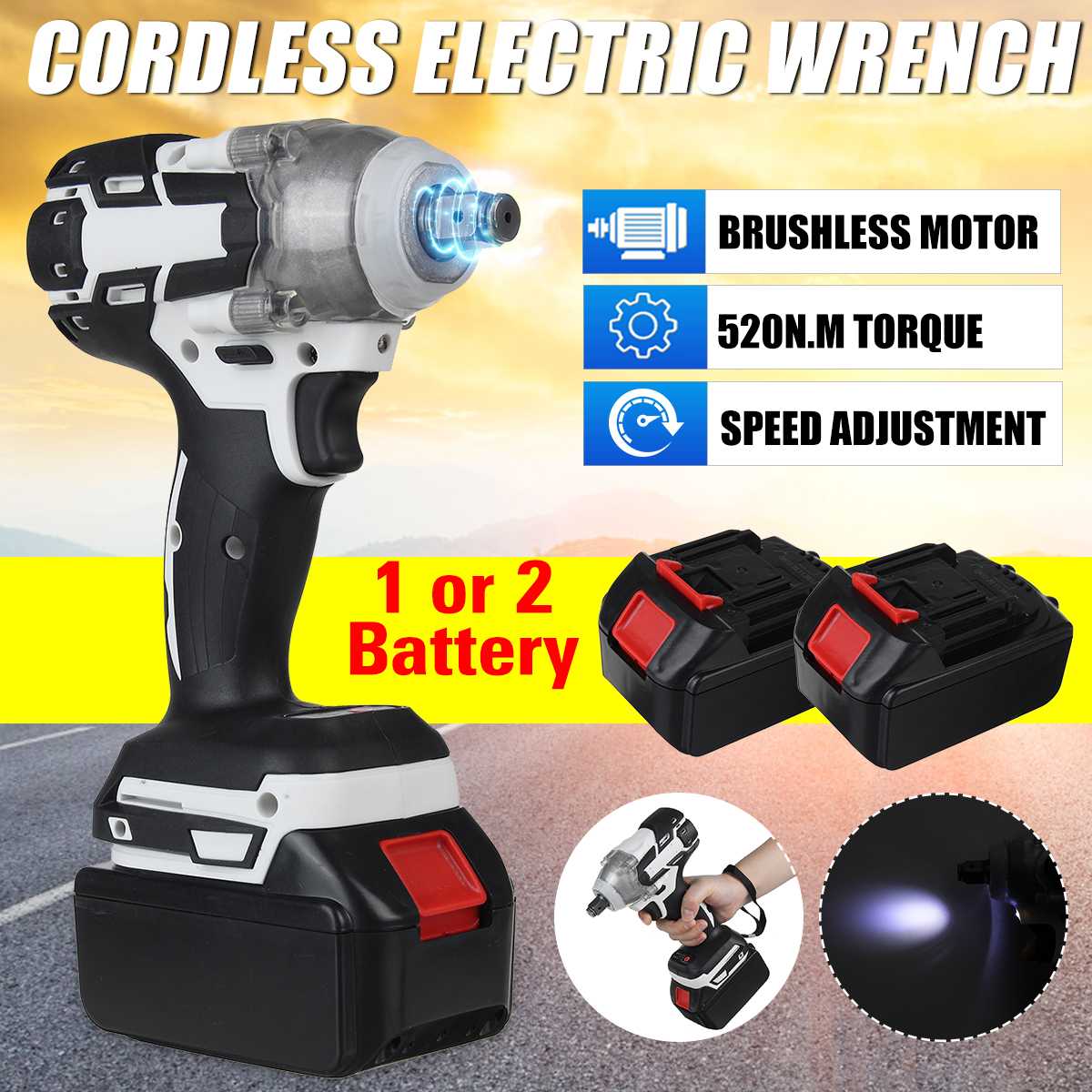 Drillpro Brushless Cordless Electric Impact Wrench Impact Drill 1/2" Rechargeable Wrench Power Tools with 18V Makita Battery