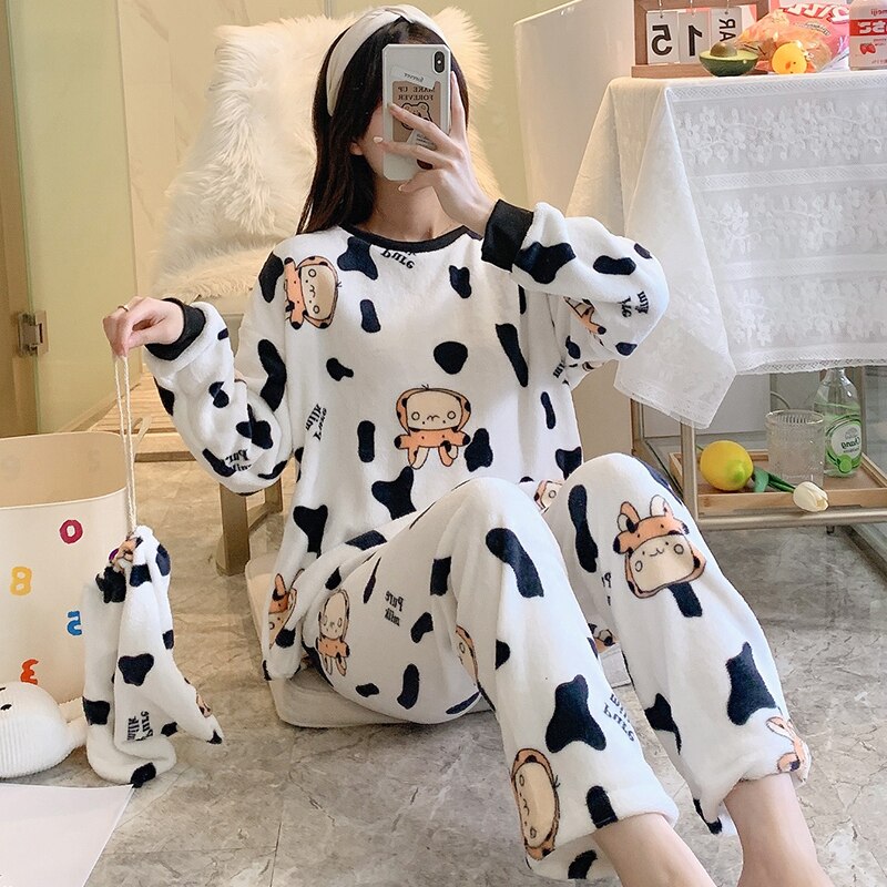 Conjunto de pijama de franela cálida para mujer, ropa de dormir de manga larga, Top y pantalón largo, 3 piezas