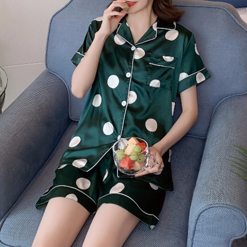 Women Summer Comfortable Lapel Button Short Sleeve Shorts Pajamas Suit Two Piece Home Suit