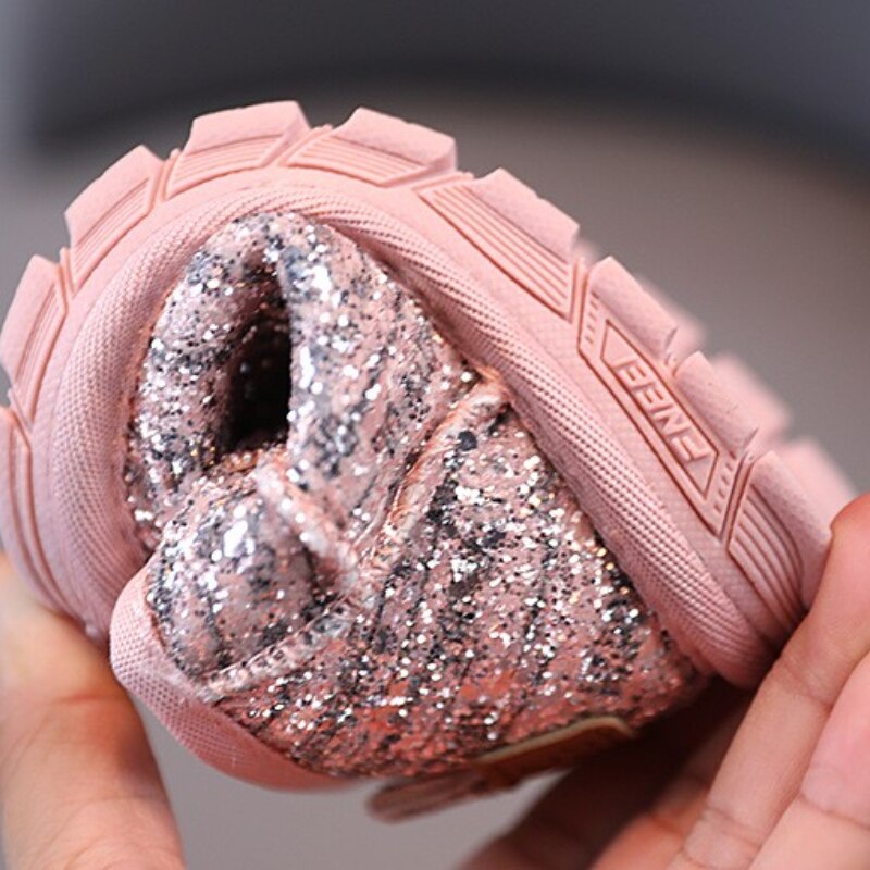 Botas de nieve para bebé, botines de piel cálida a la para niño, botines de princesa rosa brillante, para niño pequeño, primer andador, Invierno