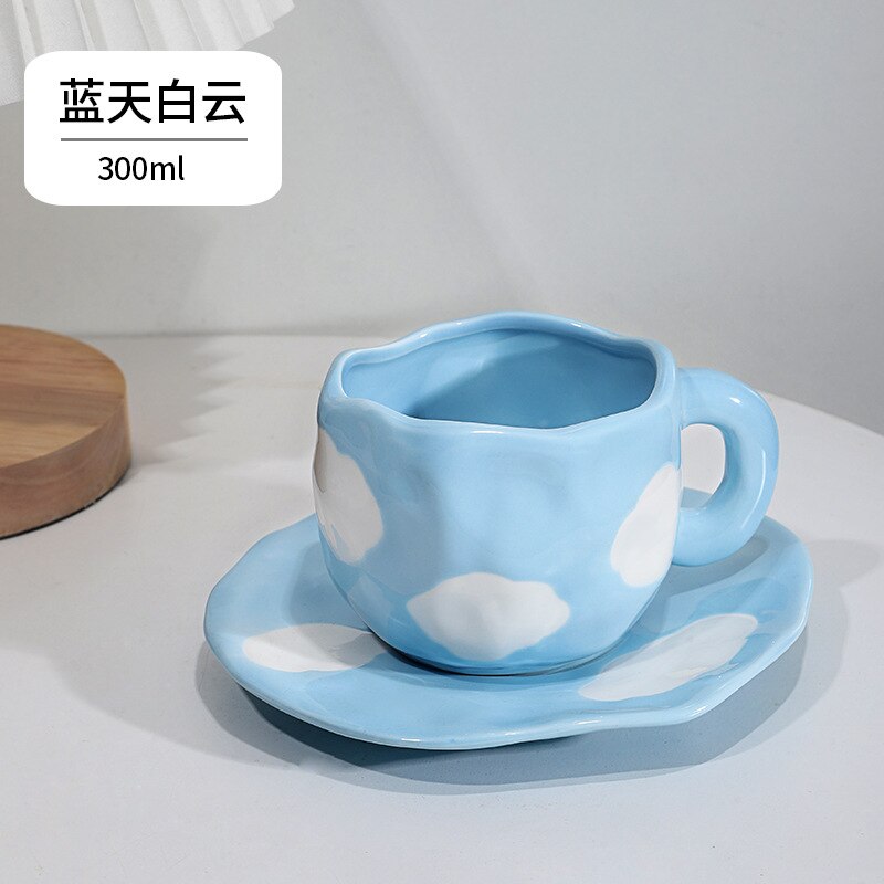 Japanese Hand Painted The Blue Sky and White Clouds Coffee Cup With Saucer Ceramic Handmade Tea Cup Saucer Set Cute For Her: Blue