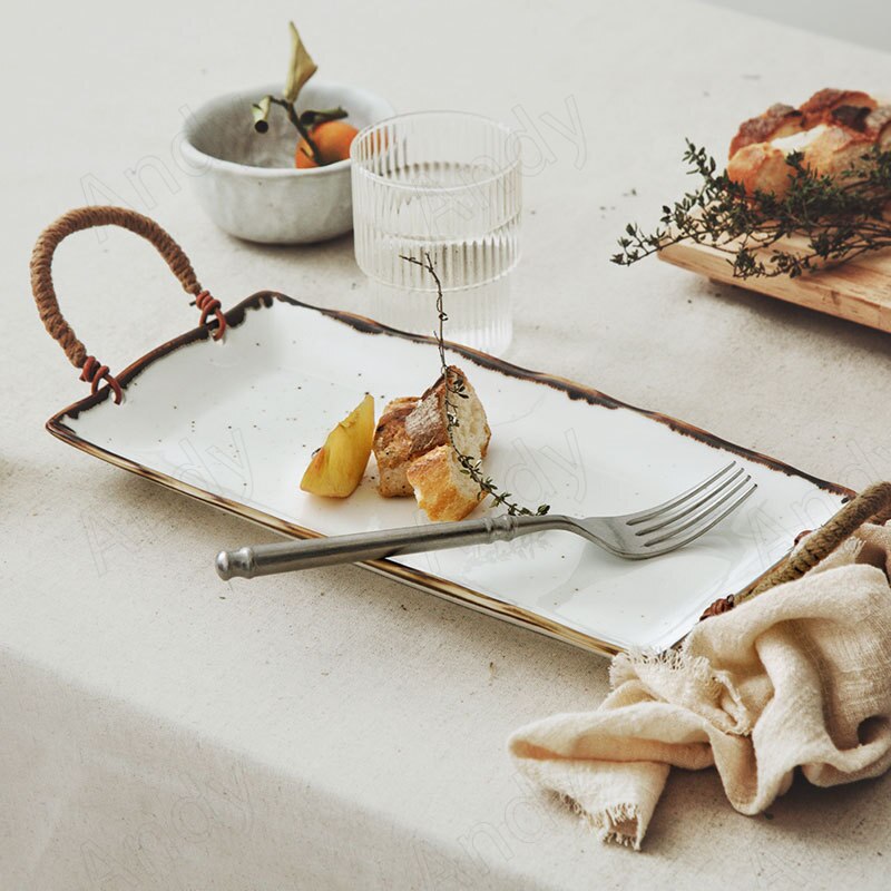 Retro Keramische Plaat Creatieve Hennep Touw Binaural Decoratieve Ontbijt Brood Schotel Desktop Fruitsalade Platen Keuken Servies