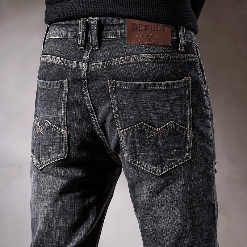Jeans preto rasgado para homens hip hop estiramento fino em linha reta casual moda streetwear distressd homem calças jeans destruído outono