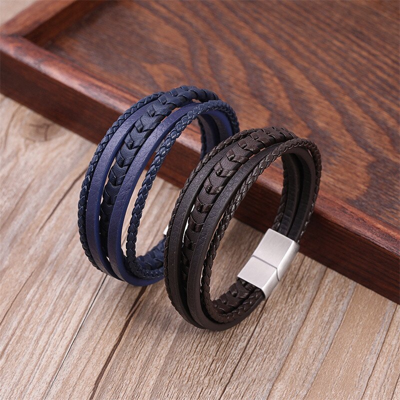 Lederen Mannen Armband Klassieke Roestvrij Staal Multi-layer Leren Armband Voor Mannen Sieraden