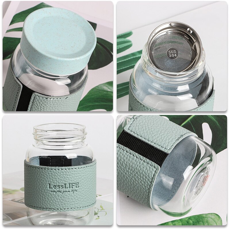 Small Transparent "LESSLIFE " Glass Bottles Water Cartoon Bottle Glass Straw Glasses Simple Cup Waterbottle Bottle