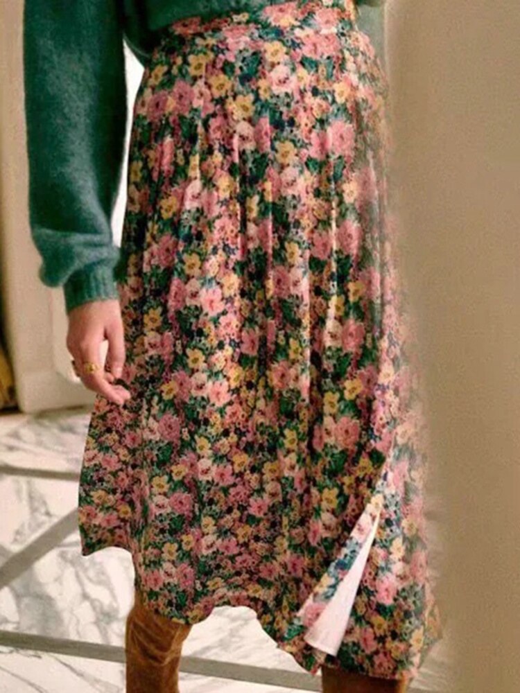 KBAT Red Floral Print Midi Skirts Womens Spring Pleated Skirt High Waist Zipper Chiffon Skirt