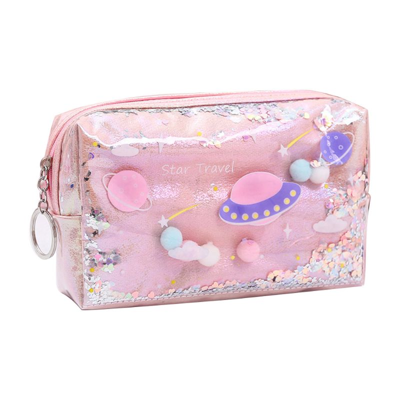 Lovely Large Quicksand Planet Pencil Case Leather Pen Box Makeup Bag Girls 090F