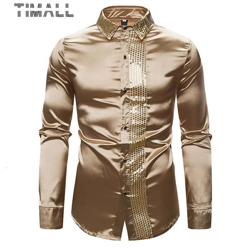 Timall 2020 herre silke sateng skinnende skjorter herre slim fit langermet paljett patchwork fest nattklubb bryllup skjorte s -2xl