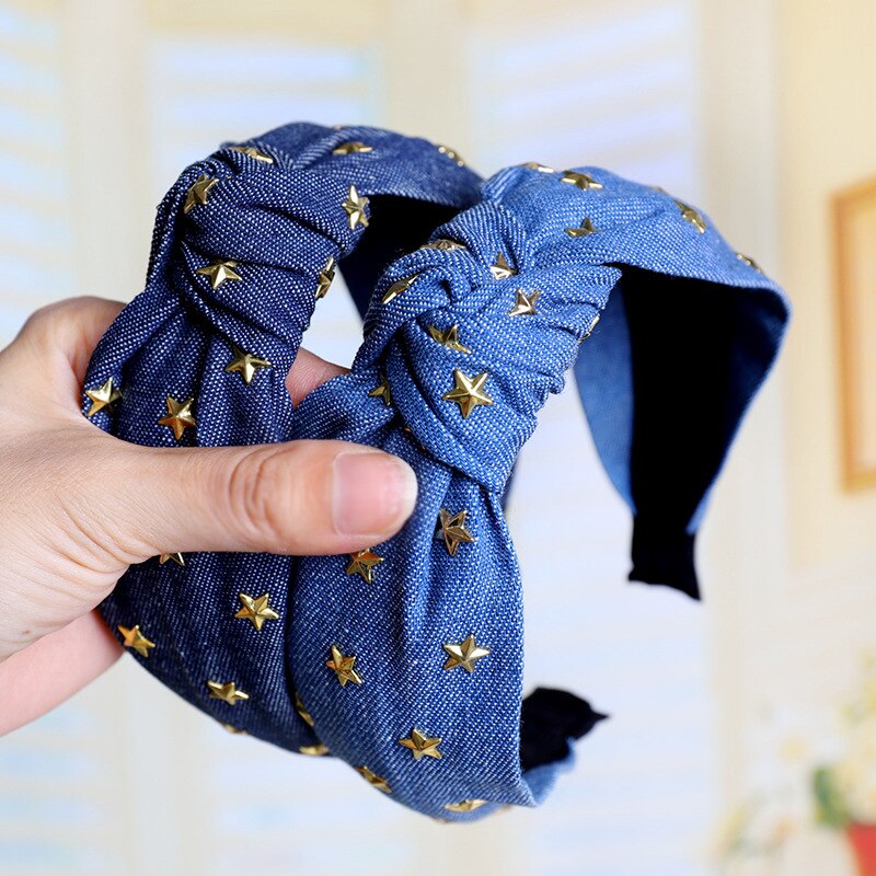 Vintage Sterren Jewel Rhinestone Denim Haarband Voor Vrouwen Knot Tulband Hoofdband Meisjes Haar Accessoires Bandeau Cheveux Opaska Doen