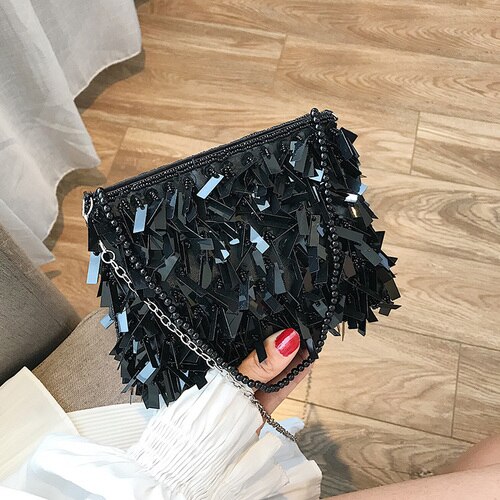 Luxe Zilveren Pailletten Strass Kwastje Vrouwen Kleine Schoudertassen Keten Elegante Dames Feestavond Clutch Purse: Black