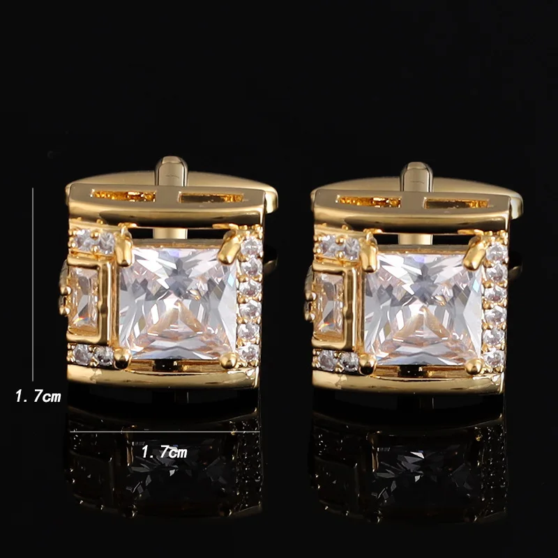 Vierkante Zircon Steen Manchetknopen - Klassieke Stijl - Luxe Overhemd Pak Accessoires: Gold-color
