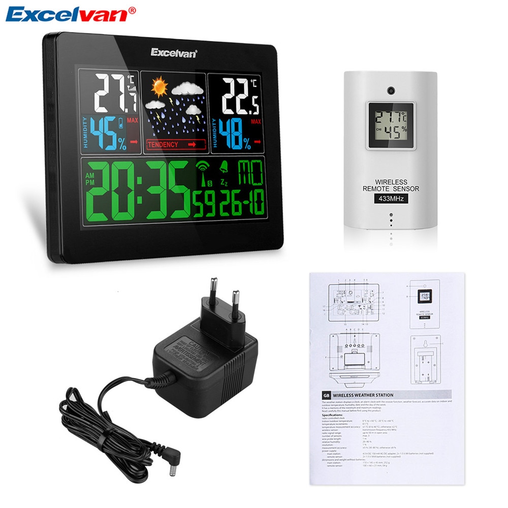 EXCELVAN COLOR Wireless Weather Station With Forecast Temperature Humidity EU Plug Alarm and Snooze Thermometer Hygrometer Clock