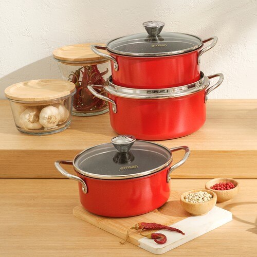 Emsan Aventura – ensemble d'ustensiles de cuisine rouge, 6 pièces, placage de granit