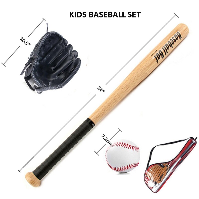 Kids Outdoor Professionele 25 Inch Houten Honkbalknuppel En Softbal Bal & Baseball Handschoenen Exercise Training Baseball Set Met Zak,