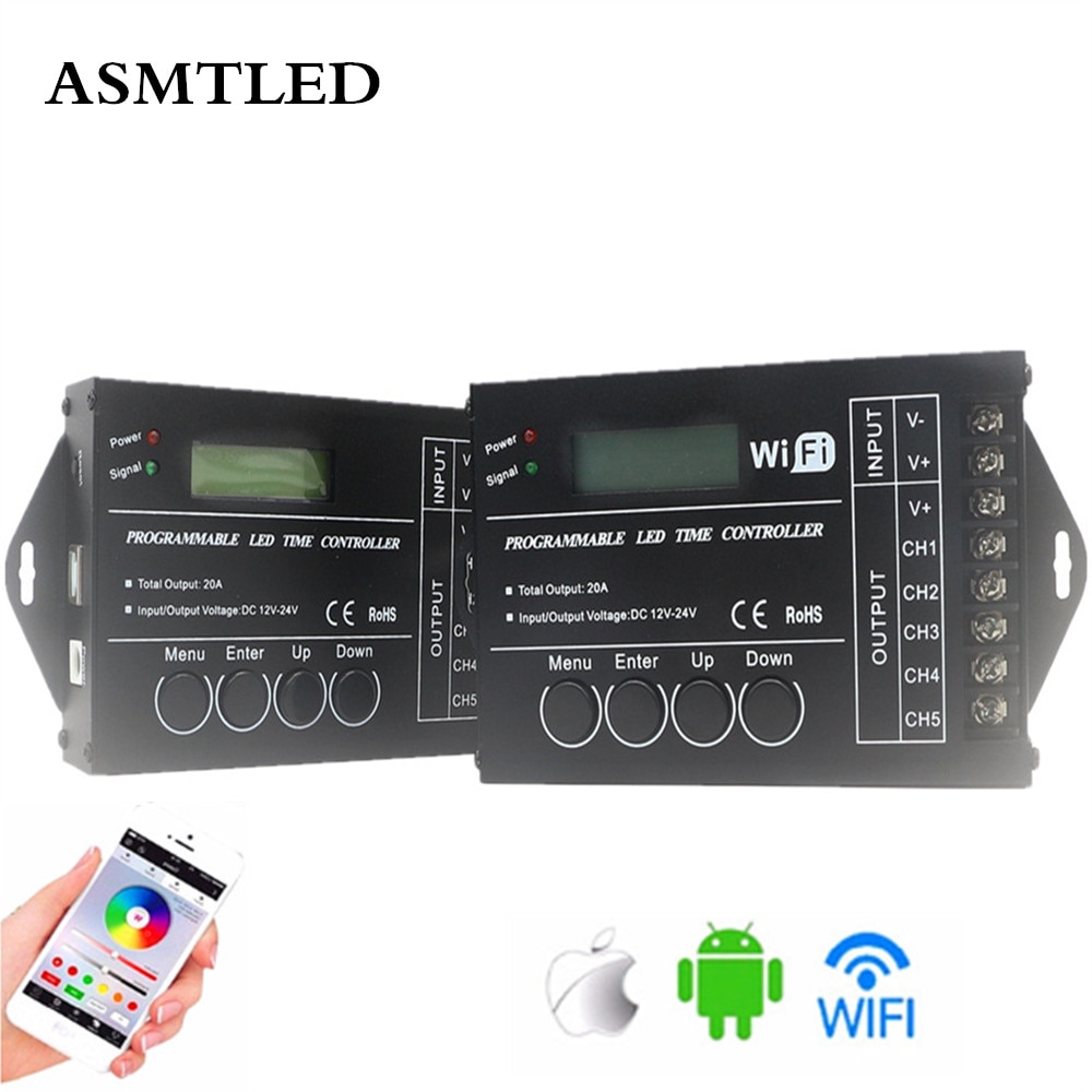Regulador de tiempo LED RGB, controlador TC420 TC421 con wifi DC12V-24V, 5 CANALES, salida Total de aluminio 20A, ánodo común programable