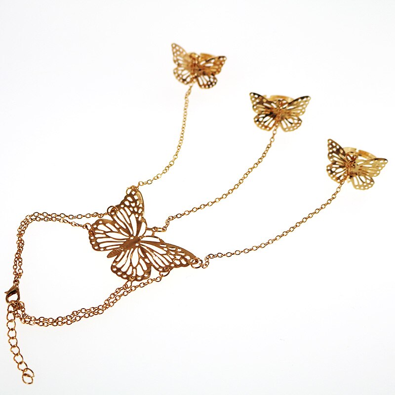 Butterfly Adjustable Gold/Silver Plated Bangles& Bracelets with Finger Ring for Women Arm Cuff Bangles Femme Jewelry: Gold