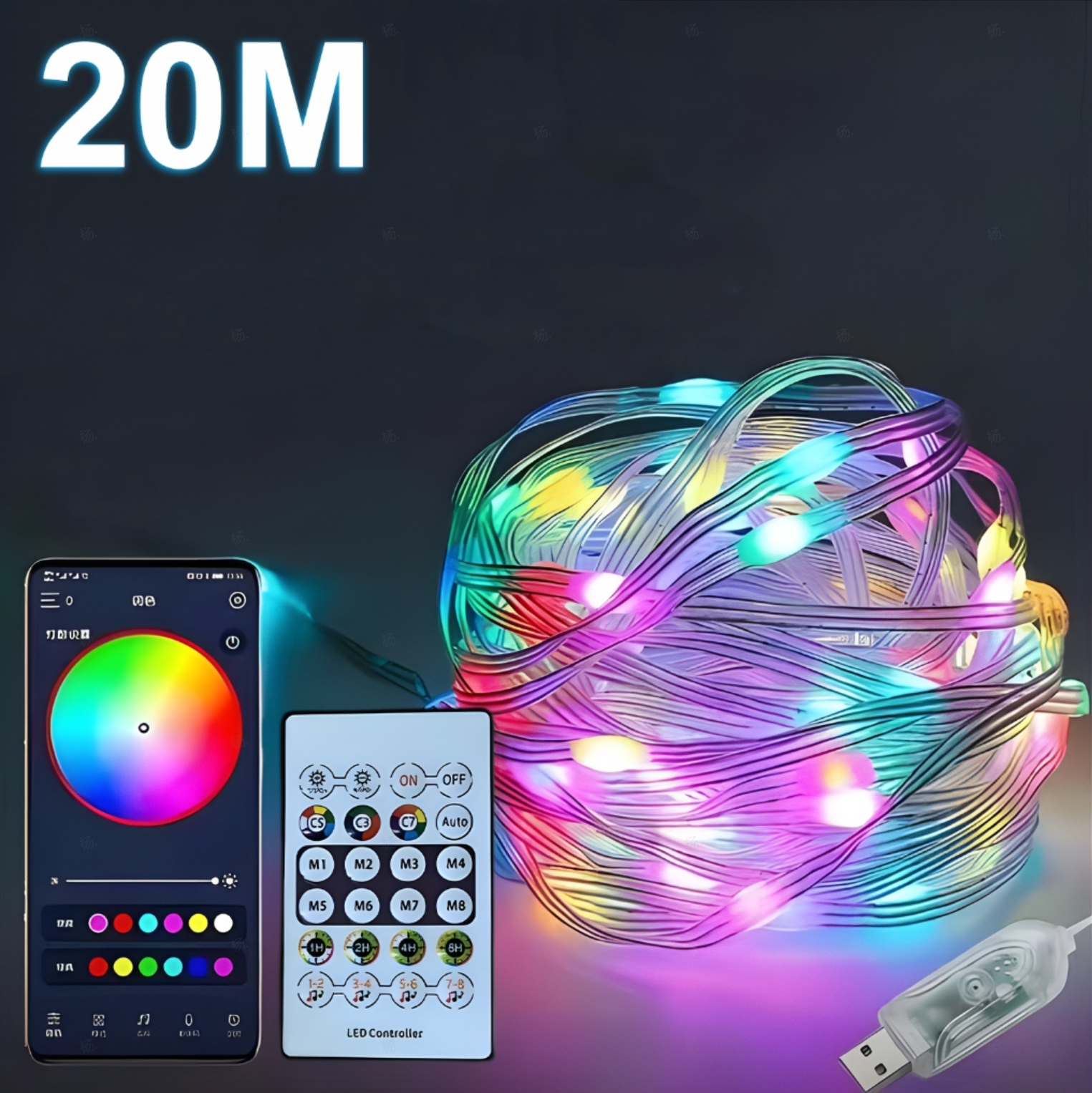 RGB LED light string 20m 10m 5m DIY intelligent IC APP Bluetooth remote control fairy tale lamp dream color garden party Christm: GRAY