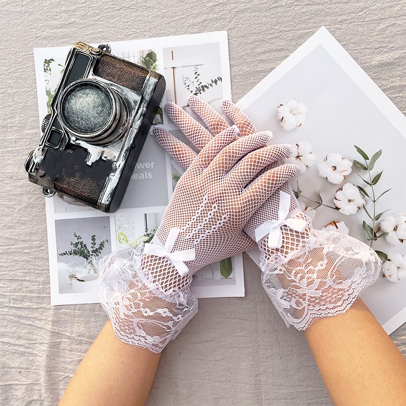 Women Summer Uv-proof Sun Protection Driving Gloves Bridal Mesh Fishnet Lace Flower Gloves Mittens Full Finger Hand Sleeve 2022: Style 03 White