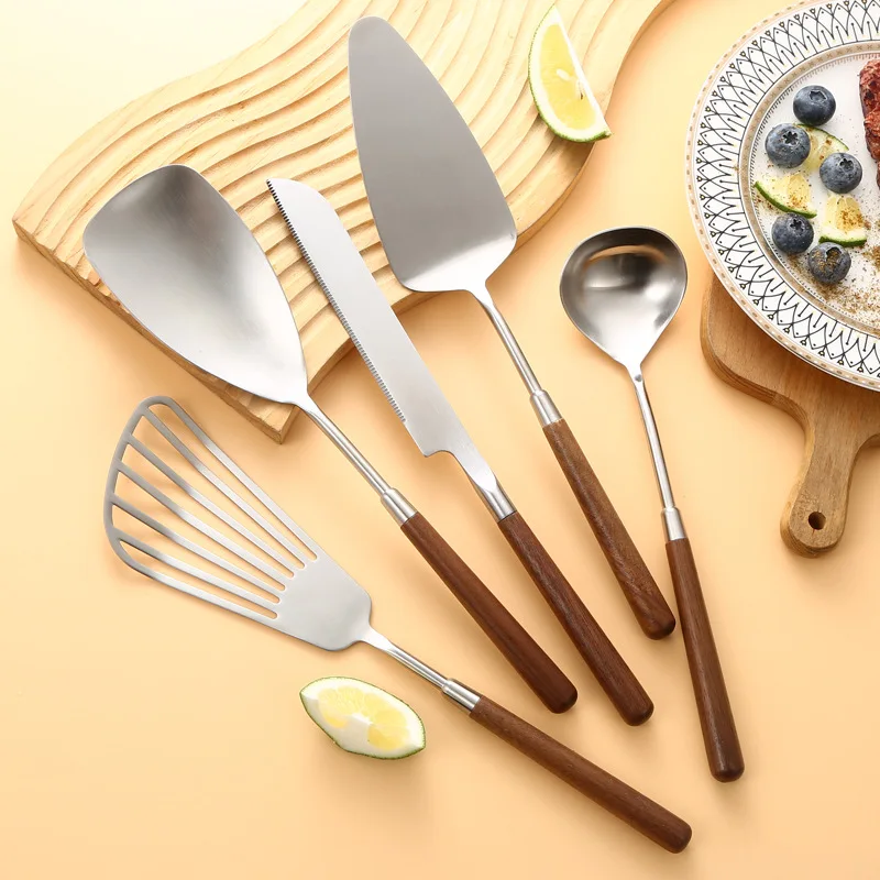 Utensílios de cozinha com cabo de nogueira, faca de bolo de aço inoxidável, pá, colher de arroz, concha de sopa, componente de serviço de restaurante