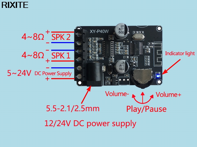 Bluetooth 5.0 stereo moc dźwięku płyta wzmacniacza 40Wx2 odbiornik Bluetooth DC 12/24V XY-P40W