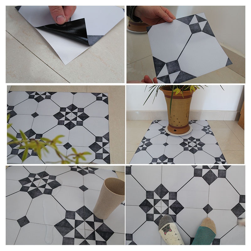 10pcs Waterproof Bathroom Livingroom Floor Tile Stickers Adhesive PVC Retro Sticker Non-Slip DIY Home Decor 10/15/20/30cm