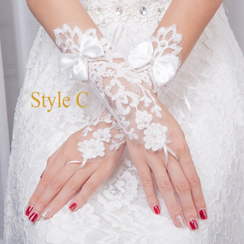 Guantes largos elegantes sin dedos para boda tul transparente perlas cristales Apliques de encaje guantes de mujer para novia: Style C